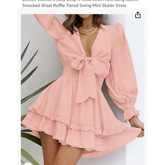 zescia womans sexy long sleeve dress w/tie, smocked waist sz womans sm NWT - Picture 5 of 14